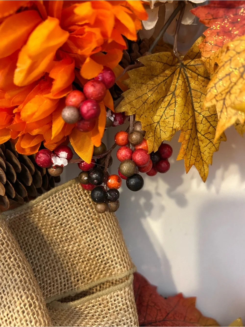 Autumn Glow Orange & Gold Fall Wreath with Burlap Bow